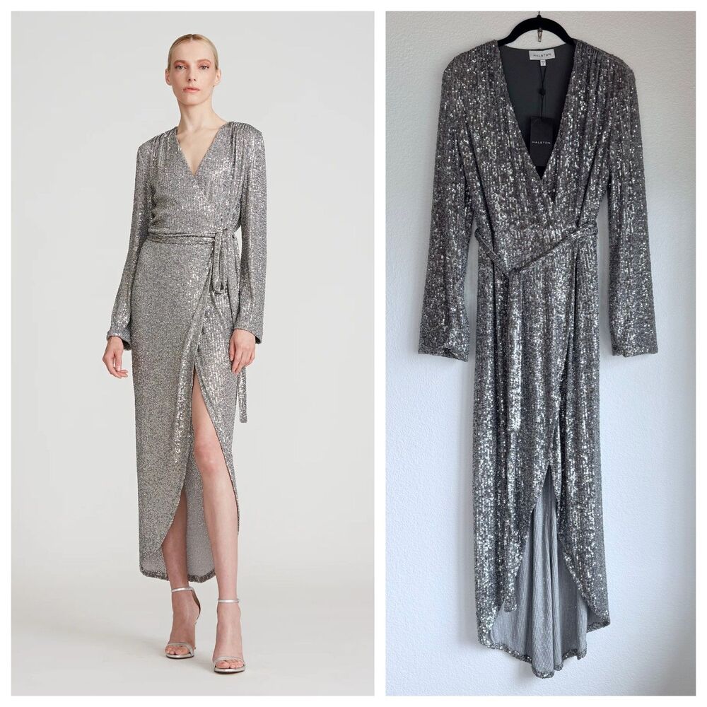 NEW Halston Falan Shimmering Sequin Long Sleeve Wrap Midi Dress NWT Size 2